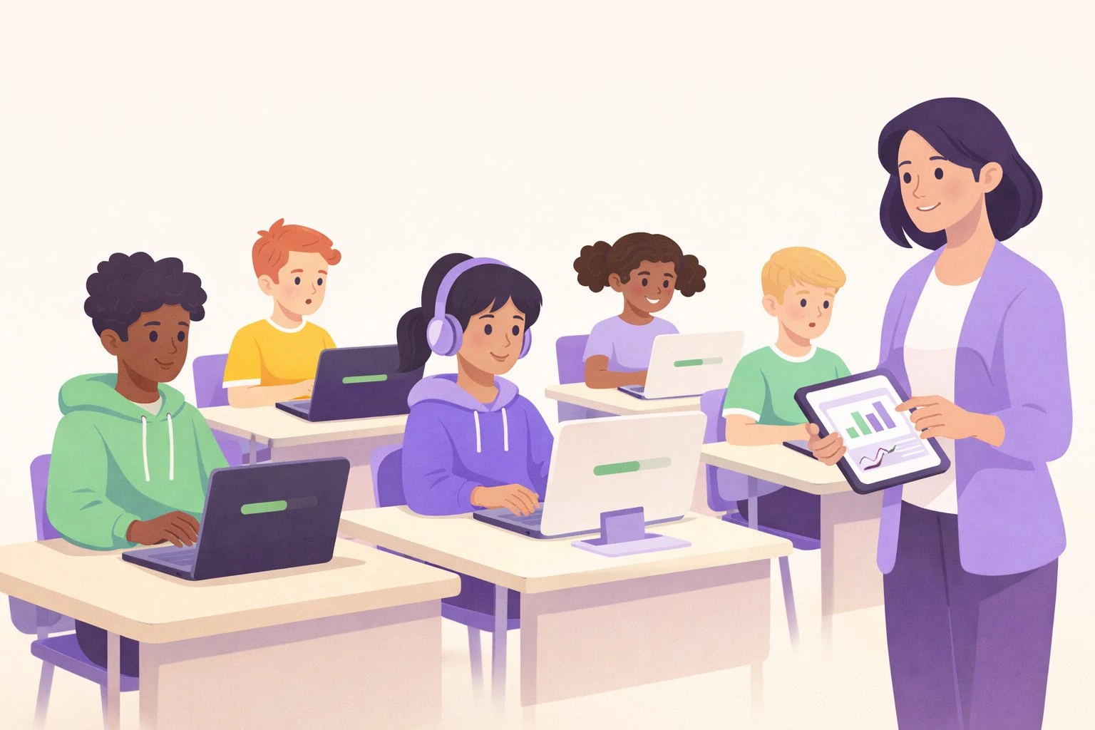 Illustration of diverse students practicing typing at computers in a classroom with teacher monitoring progress